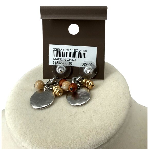 J. Jill Mixed Metal Beaded Stud Earrings Hammered Disc Neutral Wood Earthy Boho - Picture 6 of 6